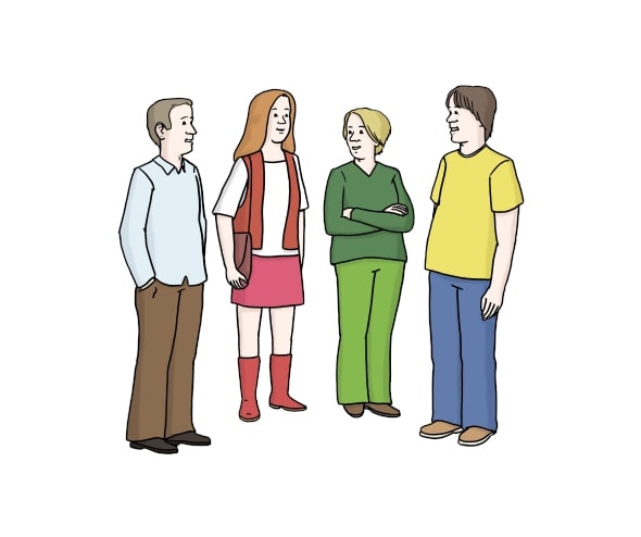 Illustration: Zwei Männder und zwei Frauen im Gespräch miteinander.