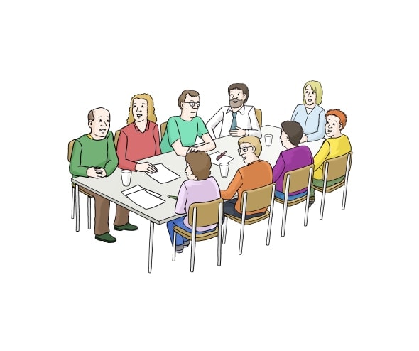 Illustration: Mehrere Personen sitzen im einen Tisch herum. Auf dem Tisch liegen Dokumente.