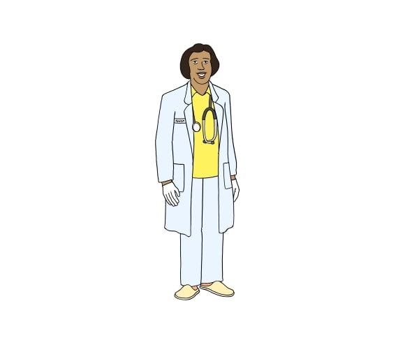 Illustration: Eine Ärztin in Arbeitskleidung mit einem Stethoskop um den Hals.