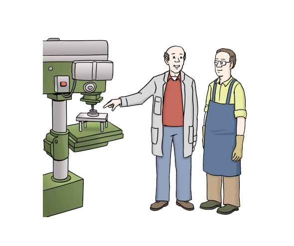 Illustration: Ein Mann mit Brille, Handschuhen und Schürze steht neben seinem Kollegen, der ihm ezwas zu einer Maschine erklärt.