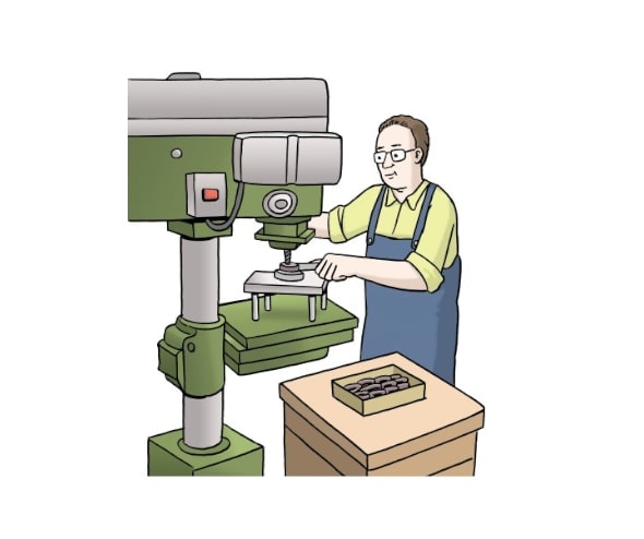 Illustration: Ein Mann mit Brille und in Arbeitskleidung bedient eine Maschine.