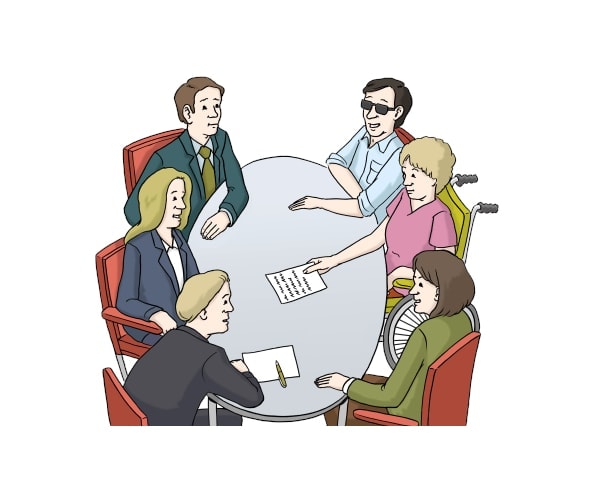 Illustration: Vier Frauen und zwei Männer sitzen um einen ovalen Tisch herum bei einer Besprechung. Eine der Frauen sitzt im Rollstuhl. Einer der Männer ist blind und trägt eine Sonnenbrille.