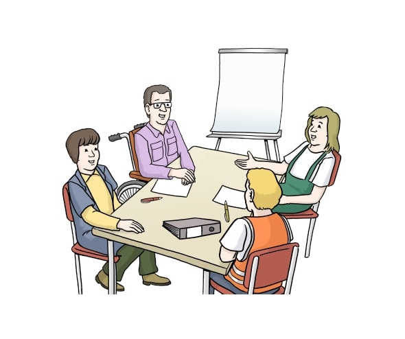 Illustration: Zwei Frauen und zwei Männer sitzen um einen Tisch herum und besprechen sich. Einer der Männer sitzt im Rollstuhl. Neben dem Tisch steht ein Flipchart.