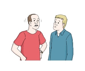 Illustration: Ein Mann hat die Hände in die Hüften gestemmt und spricht verärgert mit einem anderen Mann.