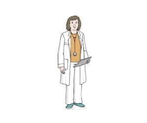 Illustration: Eine Ärztin in Arbeitskleidung mit einem Stethoskop um den Hals.