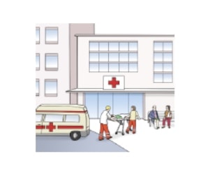Illustration: Zwei Sanitäter liefern einen Patienten auf einer Rollbahre ins Krankenhaus ein.