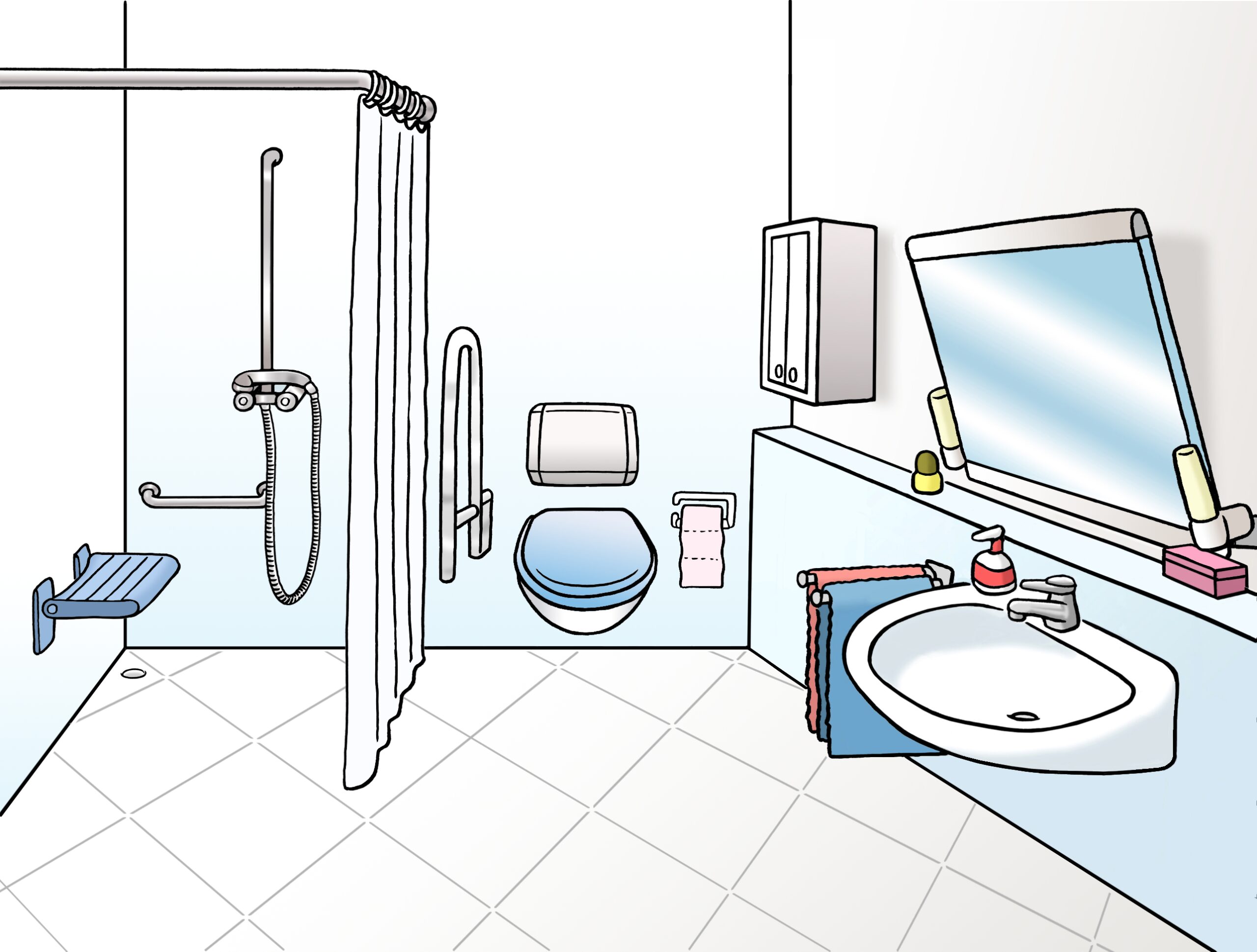 Illustration: Ein barrierefreies Badezimmer mit Dusche, Toilette, Waschbecken und Spiegel.