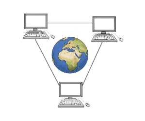 Illustration: Drei Computer sind miteinander vernetzt. In der Mitte ist eine Weltkugel zu sehen.