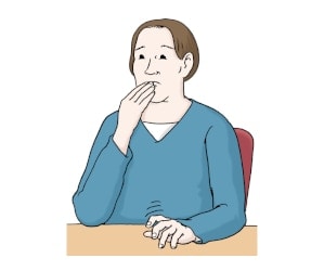 Illustration: Eine Frau sitzt an einem Tisch. Die Frau hält eine Hand vor den Mund, mit der anderen Hand trommelt sie nervös auf dem Tisch.