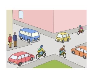Illustration: Eine Kreuzung mit vier Fahrzeugen und drei Fahrradfahrern. Auf dem Gehweg stehen zwei Personen, die die Straße überqueren möchten.