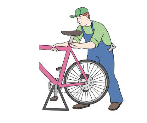 Illustration: Ein Mann in Arbeitskleidung repariert ein Fahrrad.