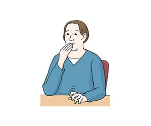 Illustration: Eine Frau sitzt an einem Tisch. Die Frau hält eine Hand vor den Mund, mit der anderen Hand trommelt sie nervös auf dem Tisch.