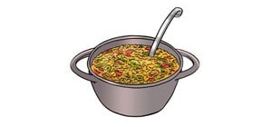 Illustration: Ein Kochtopf mit Gemüse. In dem Kochtopf steckt eine Suppenkelle.