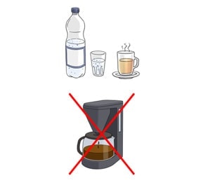 Illustration: Eine Filterkaffeemaschine, die mit einem roten Kreuz durchgestrichen ist, und eine Flasche Wasser, ein Glas Wasser und eine Tasse Tee.