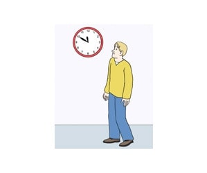 Illustration: Ein Mann schaut auf eine Uhr. Die Uhr zeigt zehn vor zwölf an.