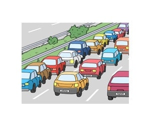 Illustration: Ganz viele Autos stehen auf einer Autobahn im Stau. Alle warten.