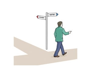 Illustration: Ein Mann geht an einer Kreuzung vorbei. An der Kreuzung steht ein Straßenschild mit Pfeilen in verschiedenen Richtungen. Der Mann entscheidet sich für den blauen Pfeil.