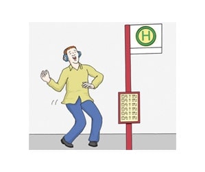 Illustration: Ein Mann steht an einer Bushaltestelle und hört Musik mit Kopfhörern. Er tanzt dabei.