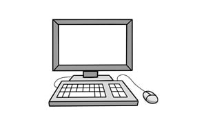 Illustration: Standcomputer, Tastatur und Maus.