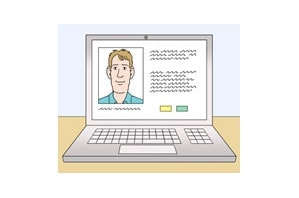 Illustration: Ein Videocall auf einem Laptop. In dem Video auf dem Bildschirm sieht man einen Mann.