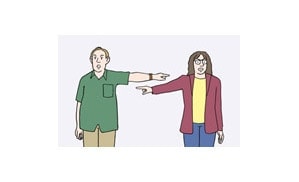 Illustration: Ein Mann und eine Frau stehen nebeneinander und zeigen beide mit einem ausgestreckten Arm auf den anderen, um sich gegenseitig zu beschuldigen.
