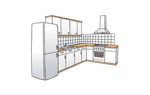 Illustration: Eine saubere Küchenzeile mit Kühlschrank, Spülbereich und Herd.