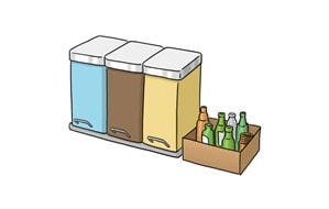 Illustration: Drei verschiedene Abfalleimer stehen nebeneinander. Daneben steht ein Karton mit Altglas.