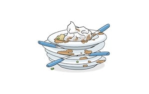 Illustration: Ein Stapel mit schmutzigem Geschirr, Besteck und benutzten Servietten.