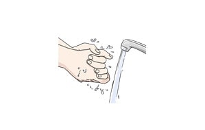 Illustration: Händewaschen mit Seife unter dem laufenden Wasserhahn.