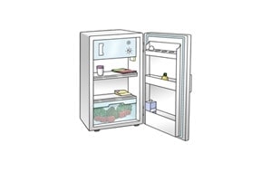 Illustration: Ein offener Kühlschrank mit Lebensmitteln darin.