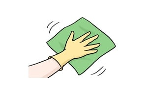 Illustration: Jemand mit einem Handschuh wischt etwas mit einem Lappen ab.