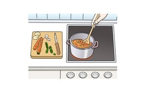 Illustration: Eine Person bereitet in einem Topf eine Mahlzeit zu. Auf einem Schneidebrett neben der Herdplatte liegen verschiedene Gemüsesorten und ein Messer.