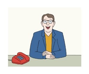Illustration: Ein Mann sitzt lachend an einem Tisch, neben ihm steht ein Telefon.