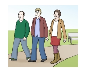 Illustration: Eine Frau und zwei Männer gehen gemeinsam spazieren.