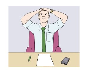 Illustration: Ein Mann sitzt an einem Schreibtisch und lehnt sich mit auf dem Kopf verschränkten Armen zurück.