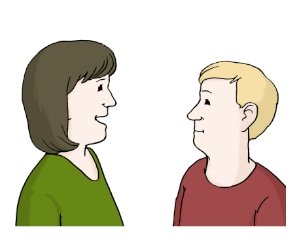Illustration: Eine Frau im Gespräch mit einem Mann.
