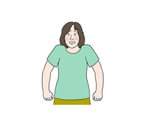 Illustration: Einer Frau ist etwas unangenehm oder peinlich. Sie zieht beide Schultern hoch und wird rot.