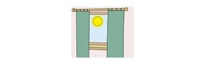 Illustration: Durch leicht aufgezogene Vorhänge lässt sich die Sonne sehen.