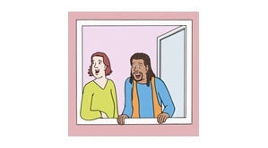 Illustration: Ein Mann und eine Frau stehen an einem offenen Fenster und blicken staunend bzw. laut ausrufend hinaus.