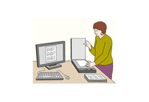 Illustration: Eine Frau steht an ihrem Arbeitsplatz und scannt ein Dokument ein.