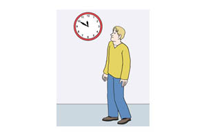 Illustration: Ein Mann steht vor einer Uhr und blick auf die Uhrzeit.