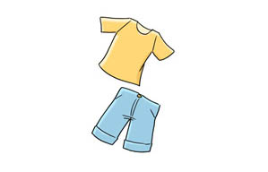 Illustration: Gelbes T-Shirt und kurze Jeanshose.