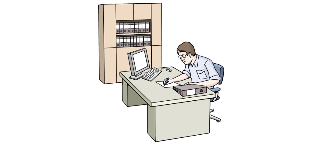 Illustration: Ein Mann sitzt an seinem Arbeitsplatz im Büro und notiert etwas auf einem Papier.