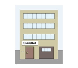 Illustration: Abbildung eines Arbeits- oder Bürogebäudes mit Logo.