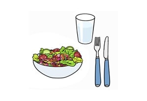 Illustration: Eine Schüssel mit Salat, daneben liegen Messer und Gabel, daneben steht ein Glas Wasser.