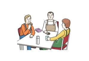Illustration: Drei Kollegen machen gemeinsam Pause und sitzen mit ihrem Essen um einen Tisch herum.