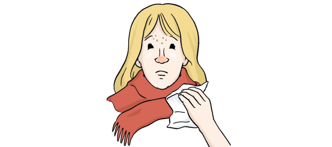 Illustration: Eine erkältete Frau mit Schweißperlen auf der Stirn, einer roten Nase, einem roten Schal und einem Taschentuch in der Hand.