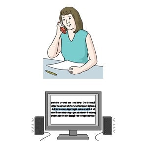 Illustration: Eine Mitarbeiterin spricht vor ihrem Rechner über Lautsprecher am Telefon.