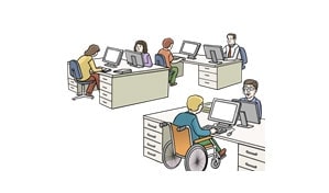 Illustration: In einem Großraumbüro sitzen sich sechs Mitarbeitende an ihren Arbeitsplätzen gegenüber.