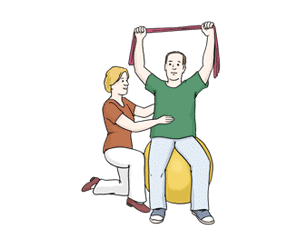 Illustration: Ein Mann sitzt auf einem Gymnastikball und hält ein Theraband über den Kopf. Eine Frau kniet neben ihm und korrigiert seine Haltung.
